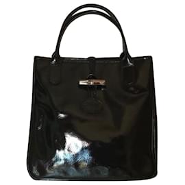 Longchamp Roseau Borsa a mano nera in pelle vernice stampa cocco