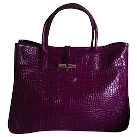 Longchamp Roseau Borsa Tote in vitello con stampa cocco viola