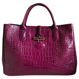 Longchamp Roseau Croco Leather Tote Bag Purple