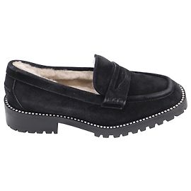 Mocassini Jimmy Choo Deanna impreziositi da cristalli foderati in shearling in pelle scamosciata nera
