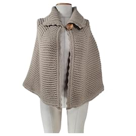 Timo Strickjacke Poncho Beige Wolle - Autre Marque