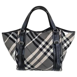 Borsa tote Burberry in tela grigia e pelle nera