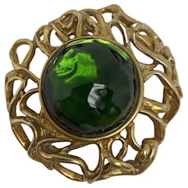 Broche Yves Saint Laurent Jelly Cabochon Résine Verte Dorée