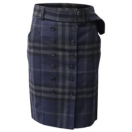 Burberry Tartan Wrap Style Falda a media pierna en lana azul marino