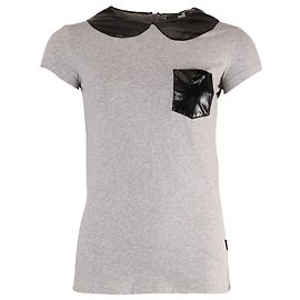 Love Moschino T-Shirt mit Kunstlederkragen aus grauer Baumwolle