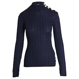 Balmain Langarm-Top mit Rautenmuster und Nieten an den Schultern aus mehrfarbiger Wolle
