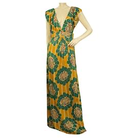 Autre Marque T-Bags Los Angeles Blumenmuster, gelbes, blaugrünes Jersey-Maxikleid mit offenem Rücken, Größe M