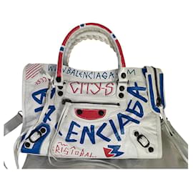 Balenciaga City Bag White Leather Red and Blue Graffiti
