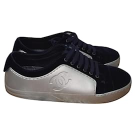 Chanel azul/cuero gris/Zapatilla deportiva con cordones de terciopelo Logotipo CC