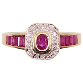 Octagonal ruby and diamond ring in yellow gold 18 carats - Autre Marque
