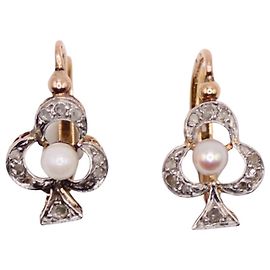 Autre Marque Brincos Art Nouveau em forma de trevo com diamantes e pérolas finas