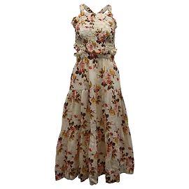 Vestido largo con fruncido en ramio con estampado floral beige Esme de Sea New York