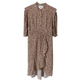 Ba&Sh Abito Midi con Volant in Viscosa Stampa Beige