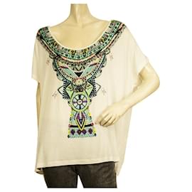 Camilla Top Étnico de Modal Blanco con Abalorios Boho Oversize T- Shirt talla S