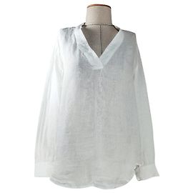 Blusa 120% LINO de lino blanca con escote en V y manga larga