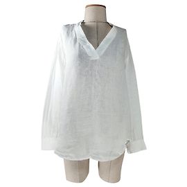 Blusa 120% LINO de lino blanca con cuello en V y manga larga