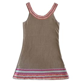 Autre Marque Tunika oder Minikleid in 100% Leinen-Tabak-Beige-Hintergrund und mehrfarbige Kanten T. S-M