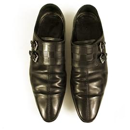 Scarpe Monk con fibbia foderate in pelle nera Damier Louis Vuitton LV da uomo taglia 7.5