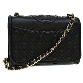 TORY BURCH Borsa a tracolla con catena in pelle nera Auth am4322