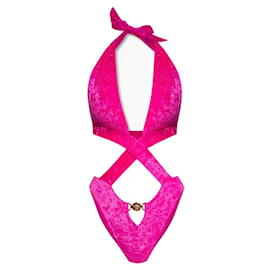 Traje de baño de una pieza Versace de terciopelo con aberturas fucsia