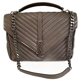 Borsa Saint Laurent College Grigia Chevron Pelle Trapuntata Monogramma