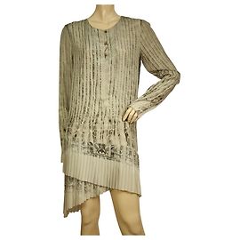 Roberto Cavalli Estampado Gris 100% Minivestido corto de seda Manga larga asimétrica 42