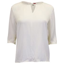 Hugo Boss Schlüssellochausschnitt-Bluse mit Viertelärmeln aus cremefarbener Seide