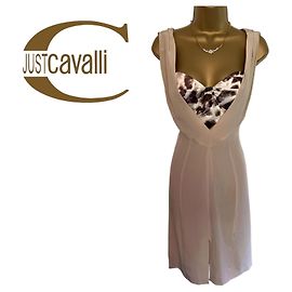 Just Cavalli Korsettkleid aus cremefarbener Seide mit Leopardenmuster UK 14 IT 44 US 10 EU 42