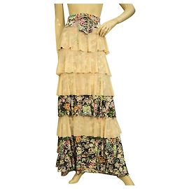 Autre Marque Agua Bendita Falda Maxi Larga Plisada con Capas Florales de Tul Beige tamaño 8