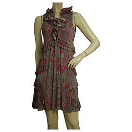 ETRO Mini vestido plisado con volantes y sin mangas con estampado de Paisley rojo púrpura 40
