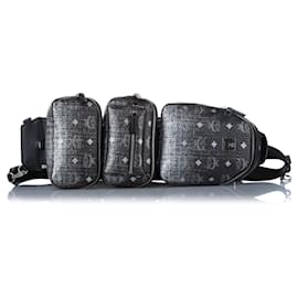 Borsa a tracolla tripla in tela rivestita Visetos nera di MCM