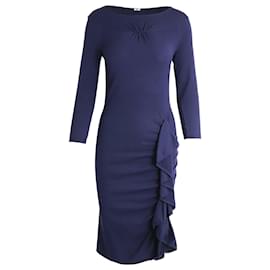 VESTIDO A MEDIDA CON VOLANTES DE MOSCHINO EN LANA AZUL MARINO