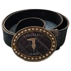 Trussardi Jeans Krokodilleder Gürtel Schwarz Gold
