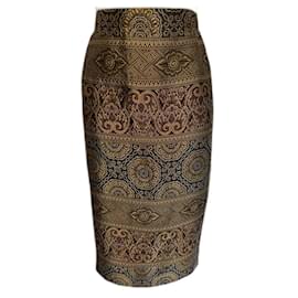 Escada Margaretha Ley Mujer Vintage Gold Silk Jacquard Lápiz Falda Reino Unido 12 US 8
