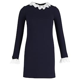 Victoria Beckham Mini-Etuikleid mit Broderie-Anglaise-Besatz aus marineblauer Wolle