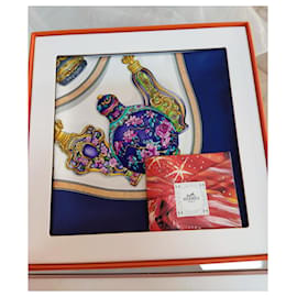 Hermès Silk Scarf Perfume Bottles Pink White Red Blue Yellow
