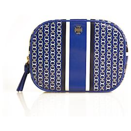 Tory Burch Blau Weiß Kettenmuster Canvas Reißverschluss Clutch Handtasche Kulturbeutel