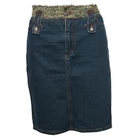DOLCE & GABBANA, Mittelblauer Jeansrock mit grünem Tweed um die Taille in Größe IT44/M-L. - Dolce & Gabbana
