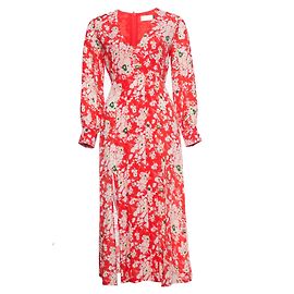 Autre Marque Rixo London, Maxi-Emma-Kleid mit rotem Blumenstrauß.
