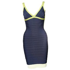 HERVE LEGER, vestito aderente blu con cornice verde lime nella taglia S.