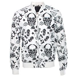 Philipp plein white bomber with black dollar/Skull/text sketching in size L.