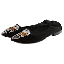 Autre Marque Cento, black suede loafers with skull.