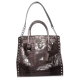 Michael Kors, Graue Hamilton-Tasche mit Krokodilprägung und silbernen Beschlägen.