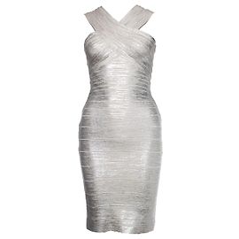 Herve Leger Hervé Leger di Max Azria, vestito con body color argento con spalle scoperte