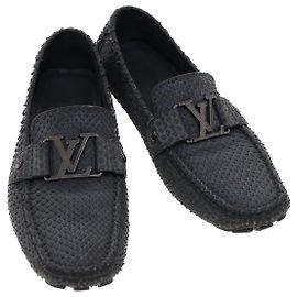 LOUIS VUITTON Scarpe da guida in pelle esotica 7 Nero Grigio LV Aut. ak212