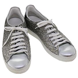 LOUIS VUITTON Low Line Glitzer-Sneakers aus Leder vorne 38.5 Silber LV Auth ak199