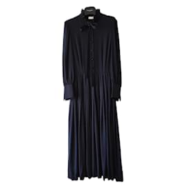 YVES SAINT LAURENT ROBE MIDI EN SOIE PIED DE COQ MAT & BRILLIANT NAVY - Yves Saint Laurent