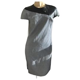 Versace Wollkleid mit Lederdetails Chevron Blau Weiß Schwarz