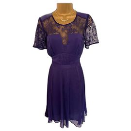 Whistles Womens Clara Purple Pleat Chiffon Lace Short Sleeve Dress UK 8 EU 36