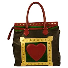 MOSCHINO Parete rossa 1990s "Art is Love" Borsa vintage multicolore con rivetti a cuore